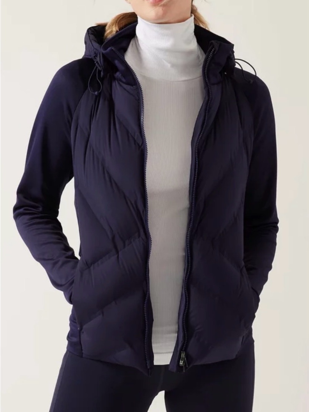Athleta XL Inlet Down Jacket Navy Blue Winter Workout Coat Hood Active